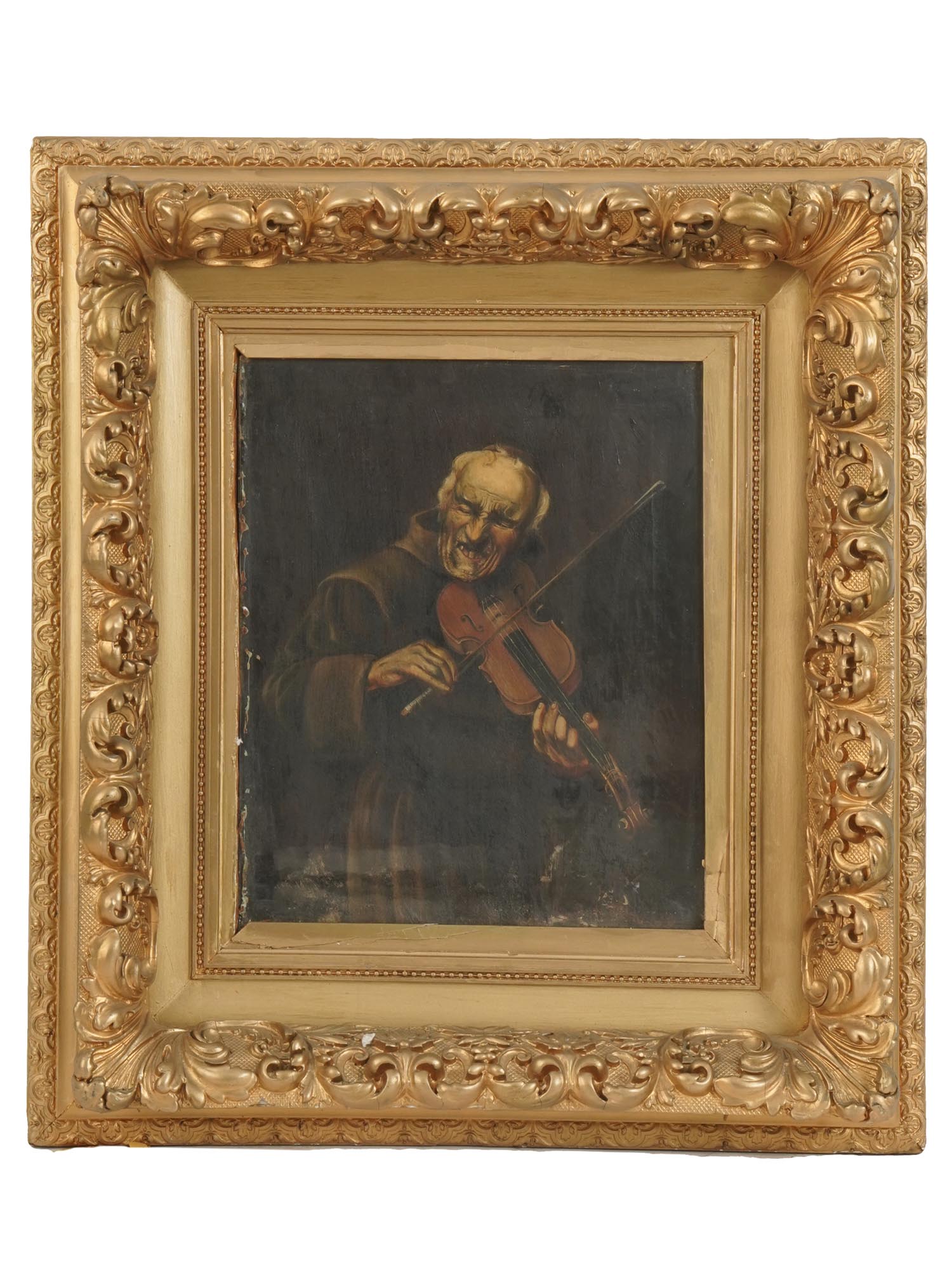 ANTIQUE 19 C PAINTING MONK PLAYING VIOLIN SIGNED PIC-0